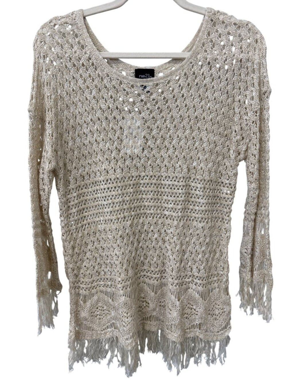 Rue21 Sweater Large Crochet Pullover Knit Fringe Trim Fairy Boho Coverup NEW